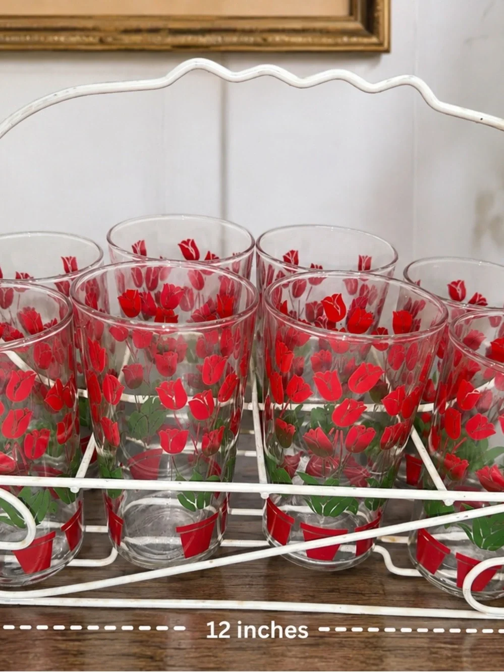Vintage Red Tulip Drinking Glasses Set of 8 w/ Metal Carrier Caddy  Floral